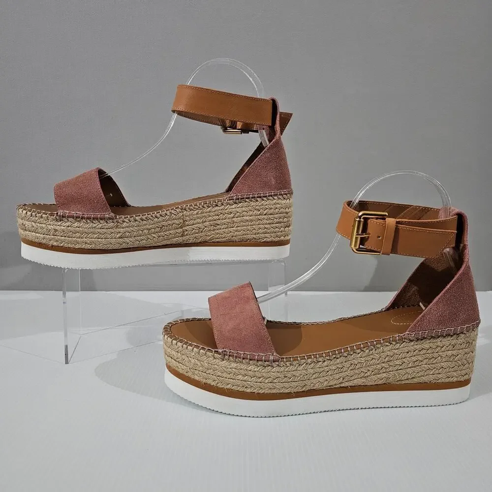 See By Chloe Glyn Platform Espadrille Sandal Womens EU 41 Pink Suede Wedge NEW